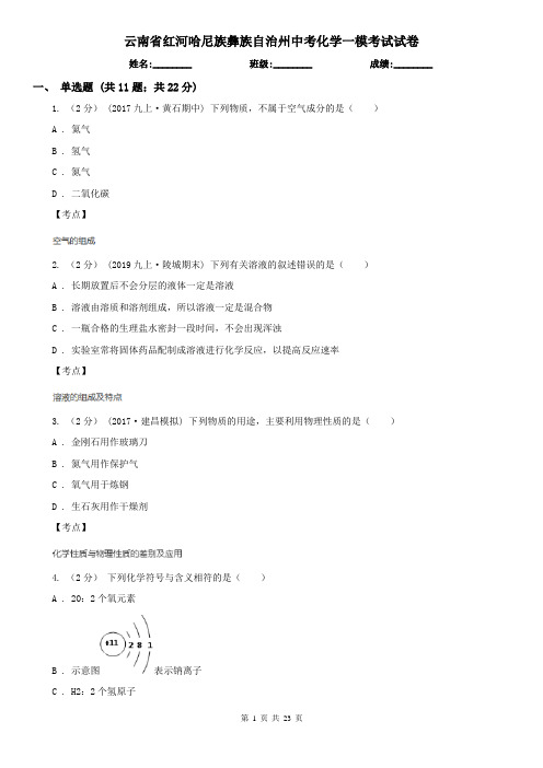 云南省红河哈尼族彝族自治州中考化学一模考试试卷