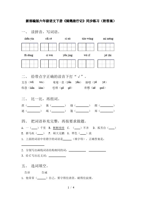 新部编版六年级语文下册《骑鹅旅行记》同步练习(附答案)