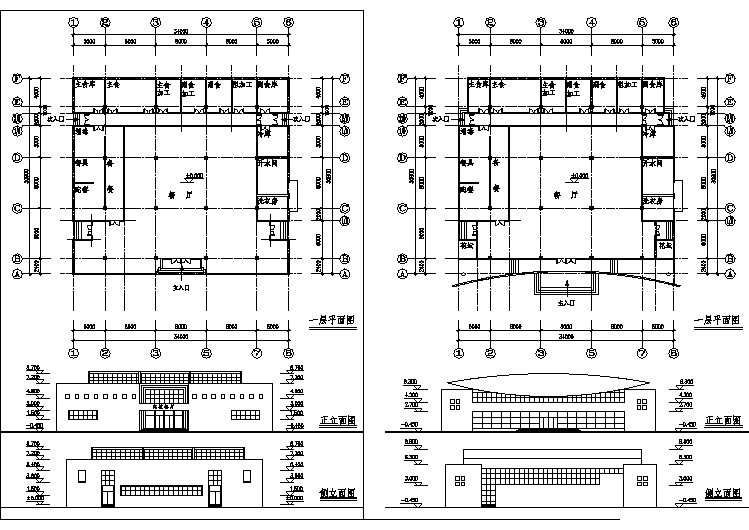 某地高校食堂立面及剖面cad全套设计方案图纸（含平立面图）