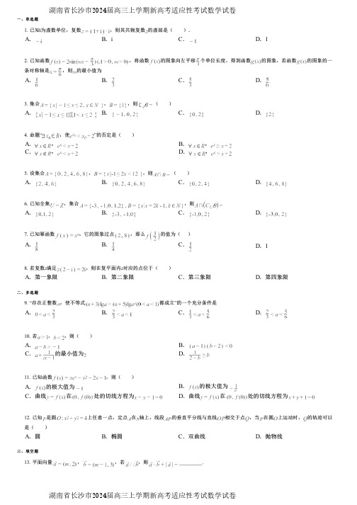 湖南省长沙市2024届高三上学期新高考适应性考试数学试卷