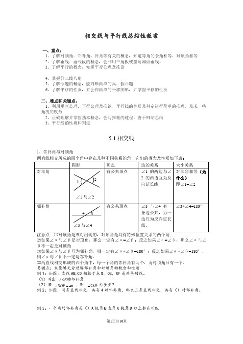 七年级第五章 相交线与平行线知识点整理教案