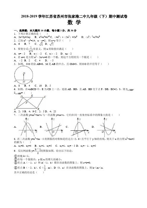 (苏科版)苏州市张家港二中2019届九年级下期中数学试卷(附答案)