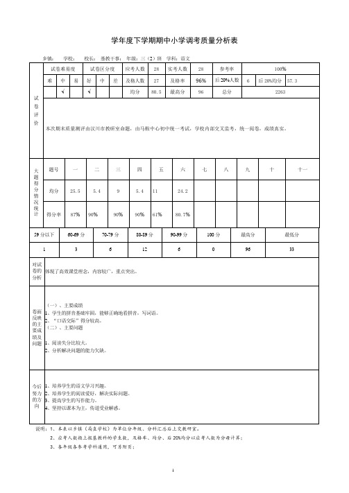 人教版下册三年级(2)班语文质量分析表