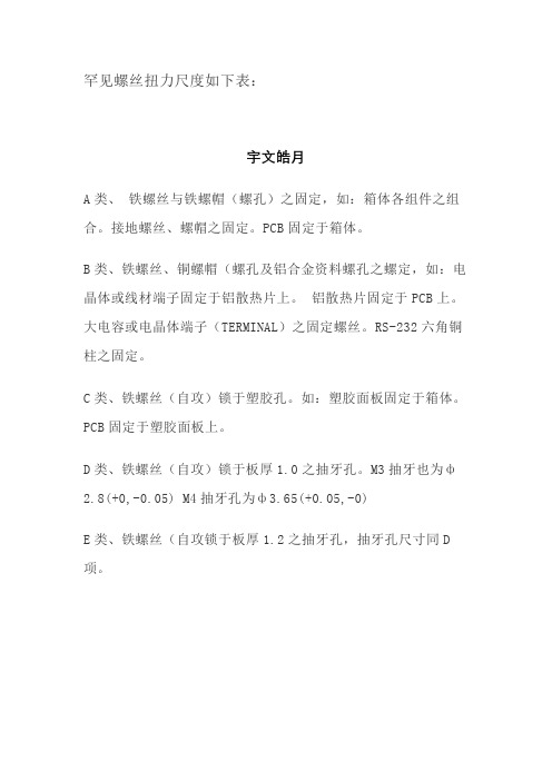 常见螺丝扭力标准表