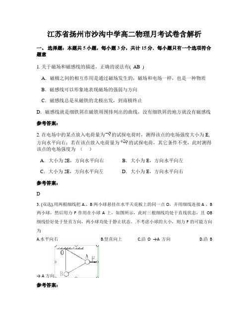 江苏省扬州市沙沟中学高二物理月考试卷含解析