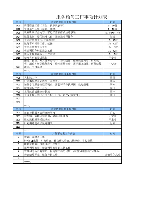 服务顾问工作事项计划表