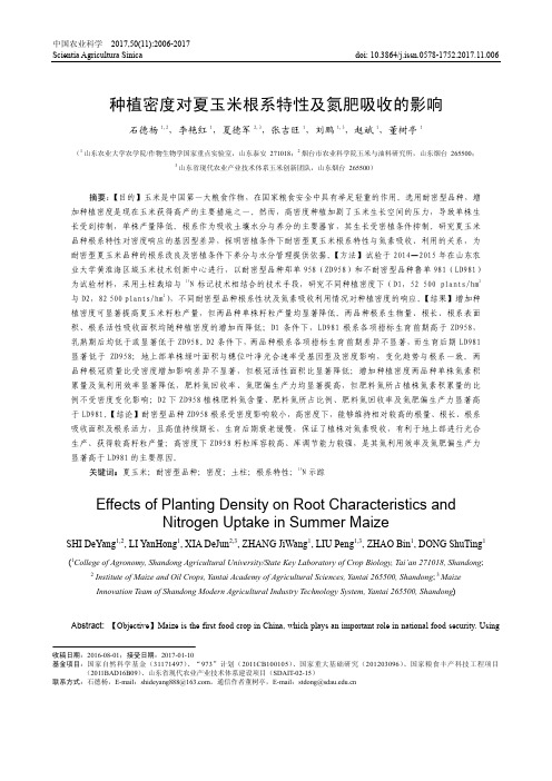 种植密度对夏玉米根系特性及氮肥吸收的影响