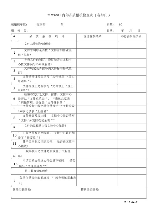 ISO9001内审全套检查表(吐血推荐)