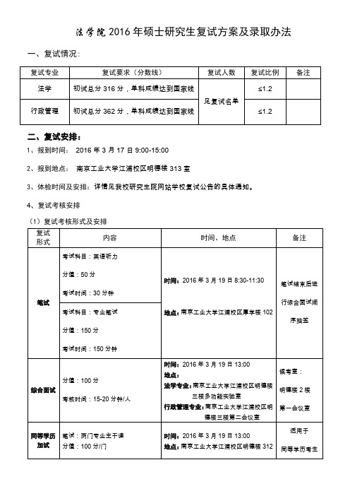 法学院2016年硕士研究生复试方案及录取办法