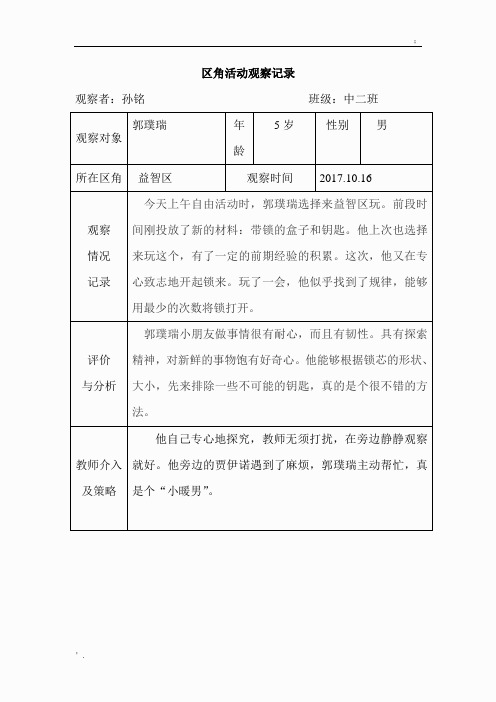 幼儿园中班数学个别化观察记录