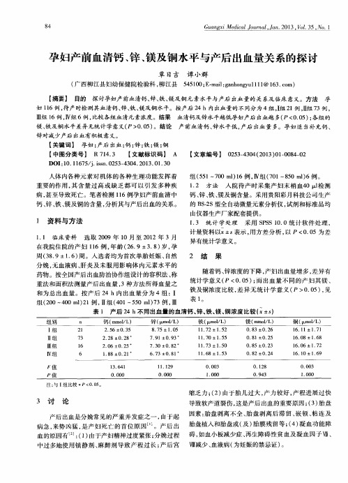 孕妇产前血清钙、锌、镁及铜水平与产后出血量关系的探讨