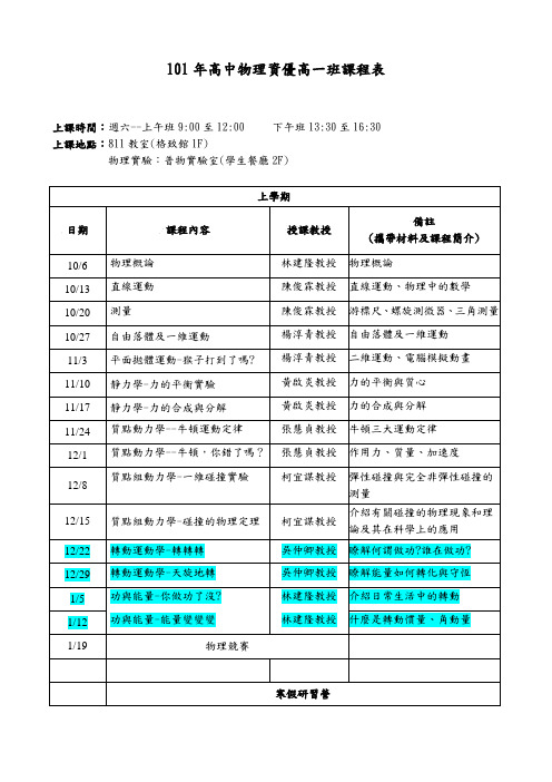 97年高中物理资优高一班课程表