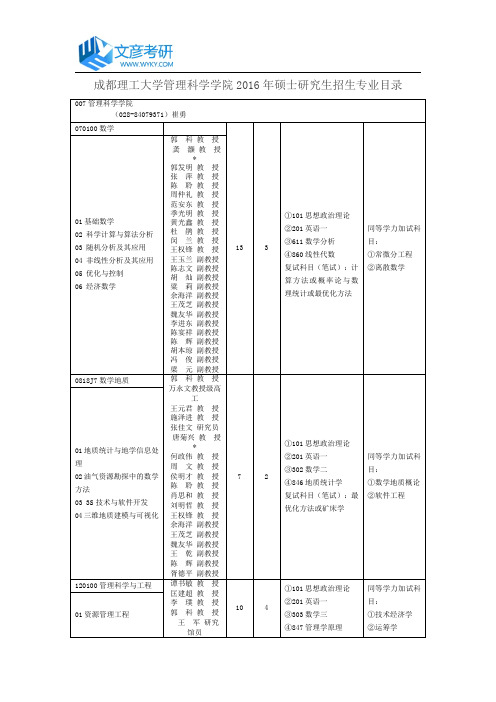 成都理工大学管理科学学院2016年硕士研究生招生专业目录_成都理工大学考研