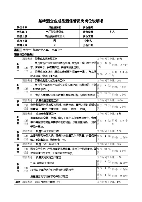 啤酒企业成品酒保管员岗岗位说明书