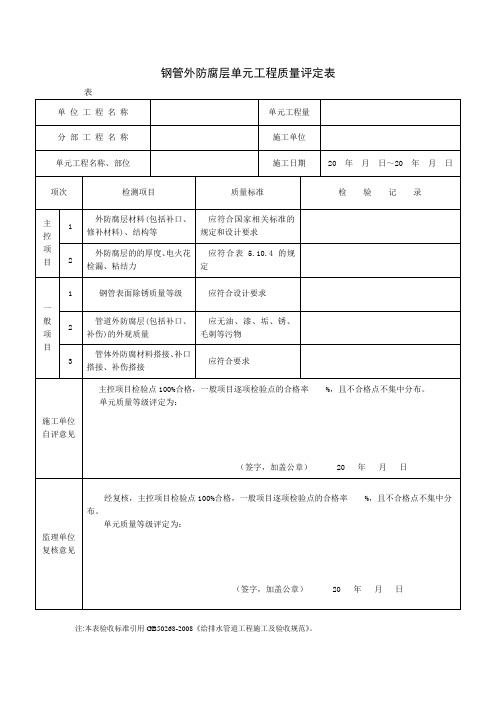 钢管外防腐层单元工程质量评定表