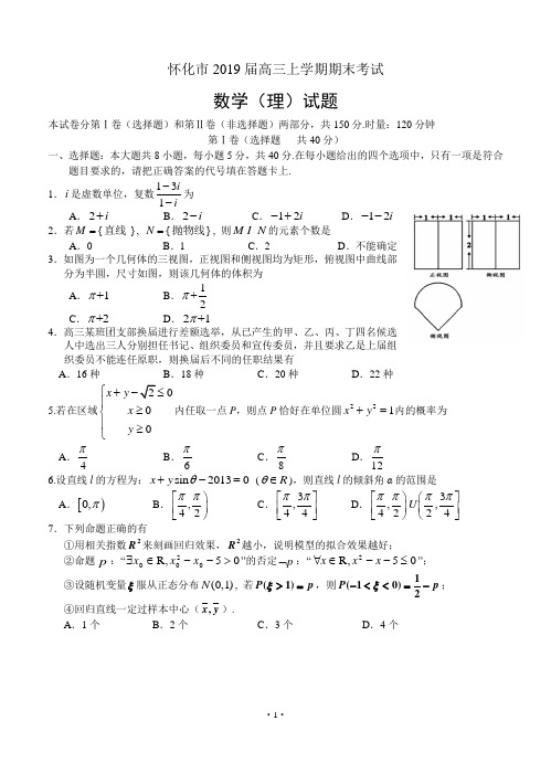 湖南省怀化市2019届高三上学期期末考试数学(理)