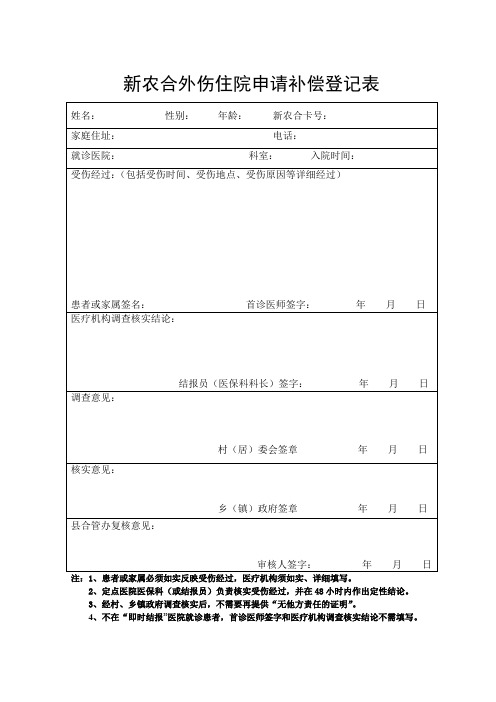 新农合外伤住院申请补偿登记表