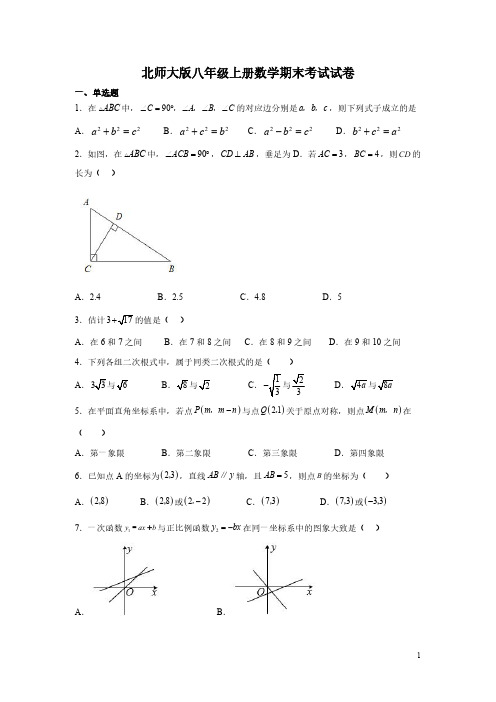 北师大版八年级上册数学期末考试试题及答案