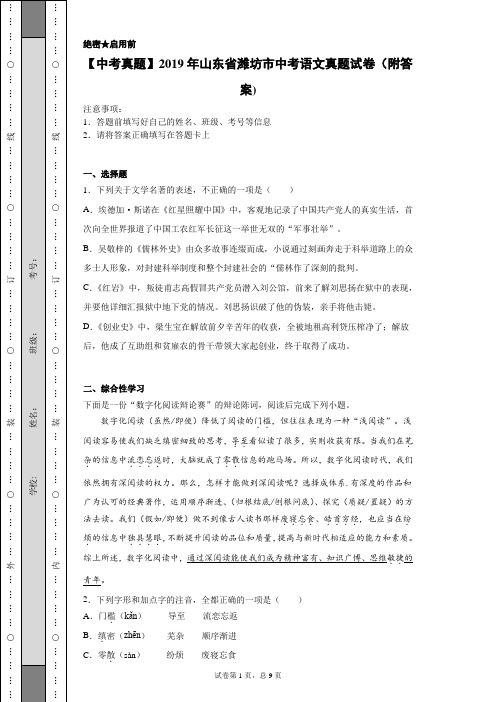 【中考真题】2019年山东省潍坊市中考语文真题试卷(附答案)