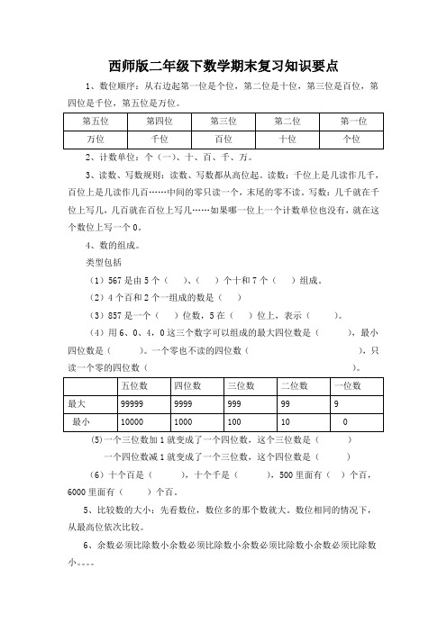 西师版二年级下数学全册知识要点积累