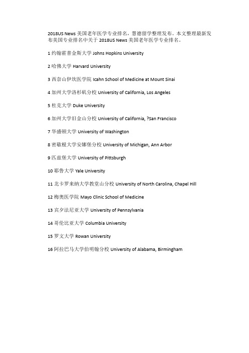 2018美国USNEWS老年医学专业排名