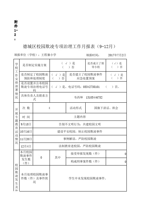 08德城区校园欺凌专项治理工作月报表-学校