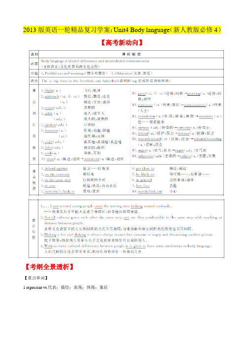 2013版英语一轮精品复习学案：Unit4 Body language(新人教版必修4)