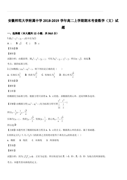 安徽师范大学附属中学2018-2019学年高二上学期期末考查数学(文)试题(解析版)