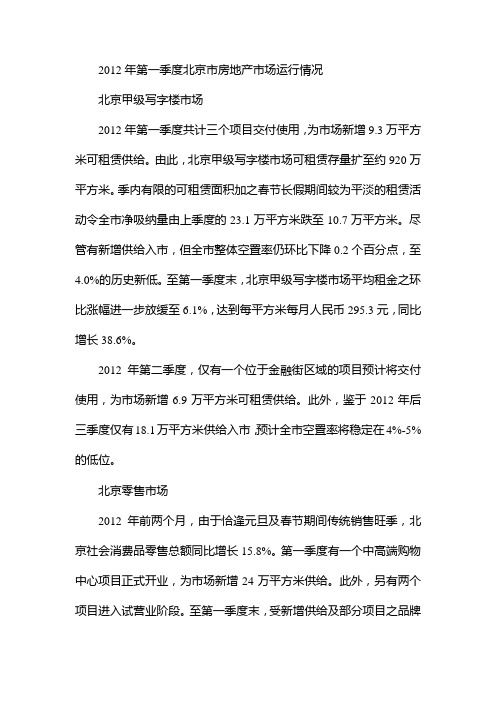2012年第一季度北京房地产市场运行