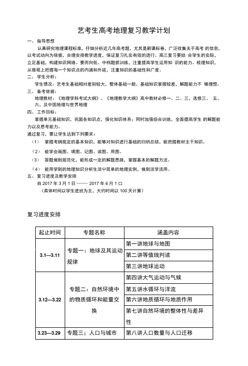 艺考生高考地理复习教学计划.doc