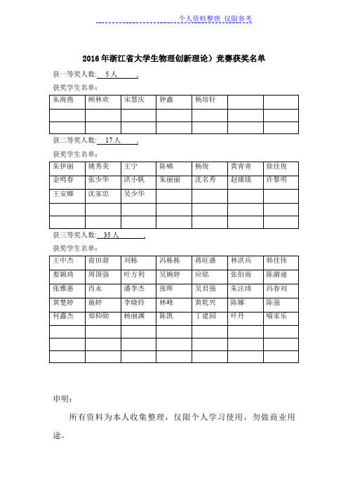 2016年浙江省大学生物理创新(理论)竞赛获奖名单