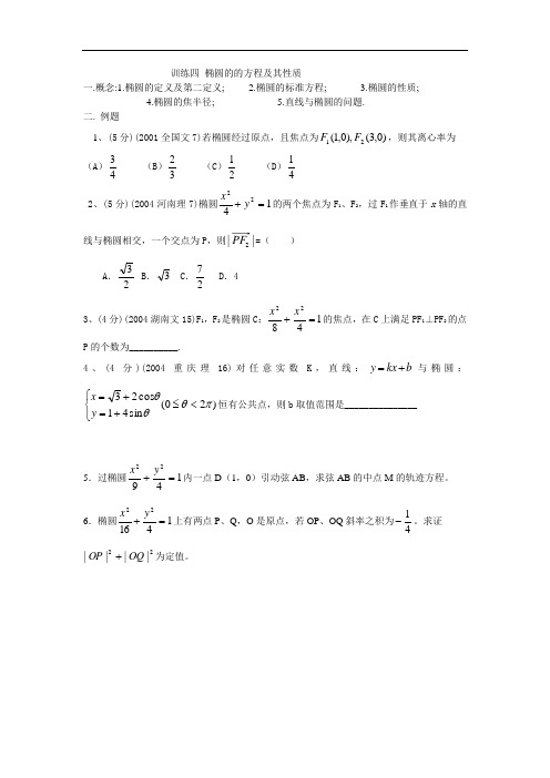 高中解析几何辅导练习：椭圆的的方程及其性质