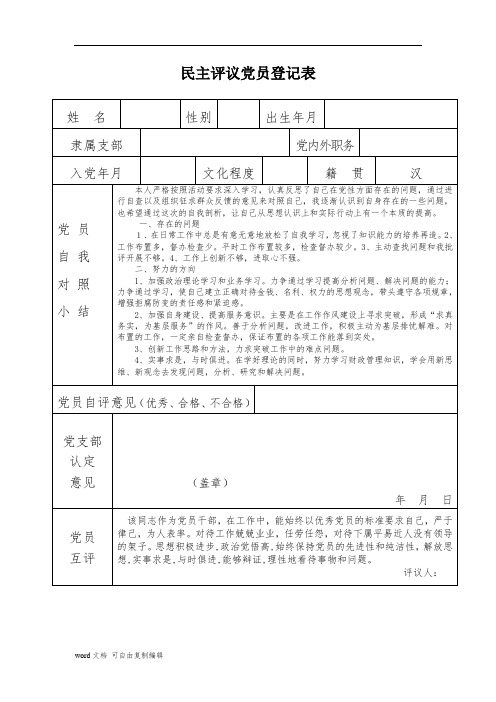 民主评议党员登记表(含内容10份)