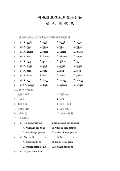 译林版英语六年级小升初考试题含答案解析