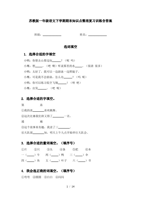 苏教版一年级语文下学期期末知识点整理复习训练含答案