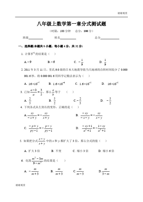 八年级上数学第一章分式测试题 .doc