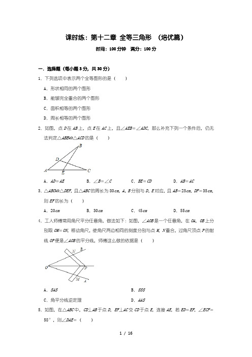 人教版八年级数学上册课时练：第十二章 全等三角形 (培优篇)