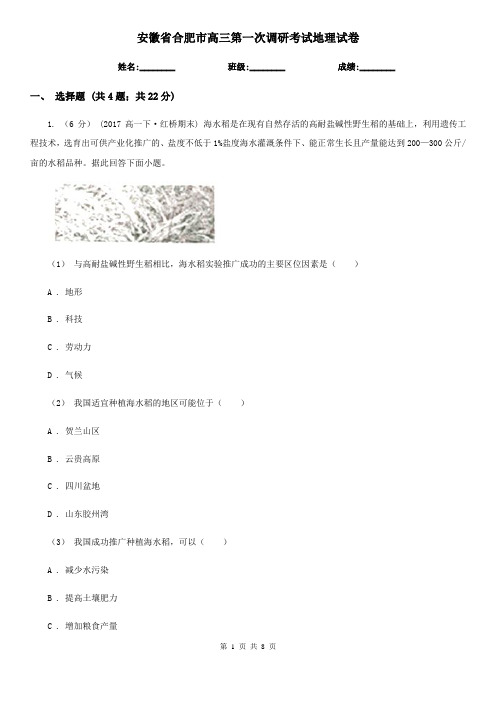 安徽省合肥市高三第一次调研考试地理试卷