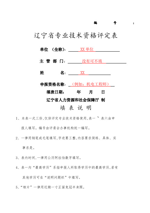 辽宁省专业技术资格评定表