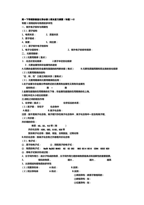 高一下学期苏教版化学必修2期末复习纲要(江苏地区专用)