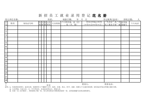 新招员工就业用登记花名册