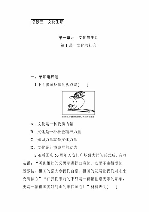 2020年高考政治必修3文化生活第一轮总复习试卷及答案：第1课 文化与社会