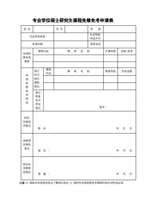 专业学位硕士研究生课程免修免考申请表【模板】