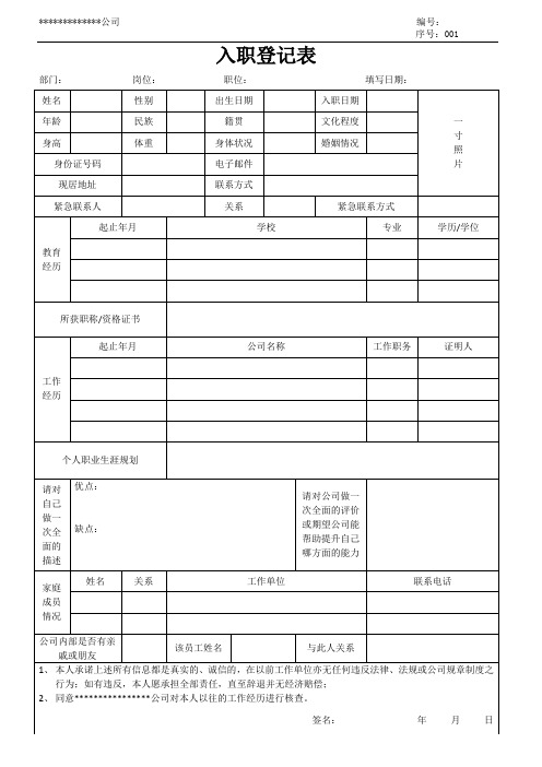 入职申请表模板范文