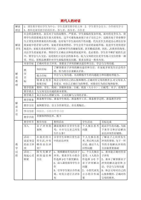 八年级政治上册第一单元第二课第2框两代人的对话教学设计新人教版