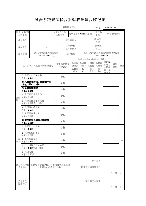 风管系统安装检验批验收质量验收记录(防排烟系统)