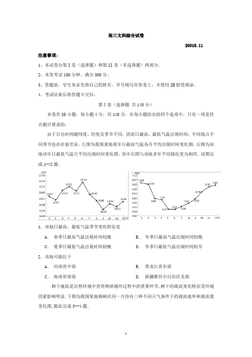 山东省实验中学(中心校区)2019届高三11月模拟考试文科综合地理试题 Word版含答案