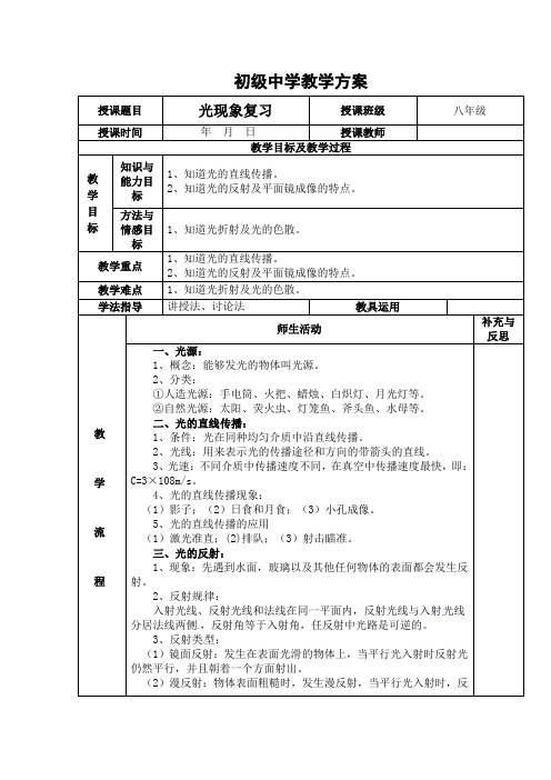 部编人教版九年级物理下册《光现象复习》教案(表格式)