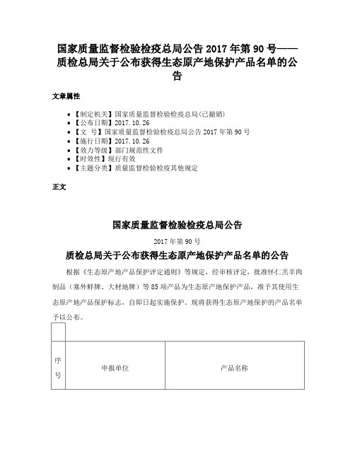 国家质量监督检验检疫总局公告2017年第90号——质检总局关于公布获得生态原产地保护产品名单的公告