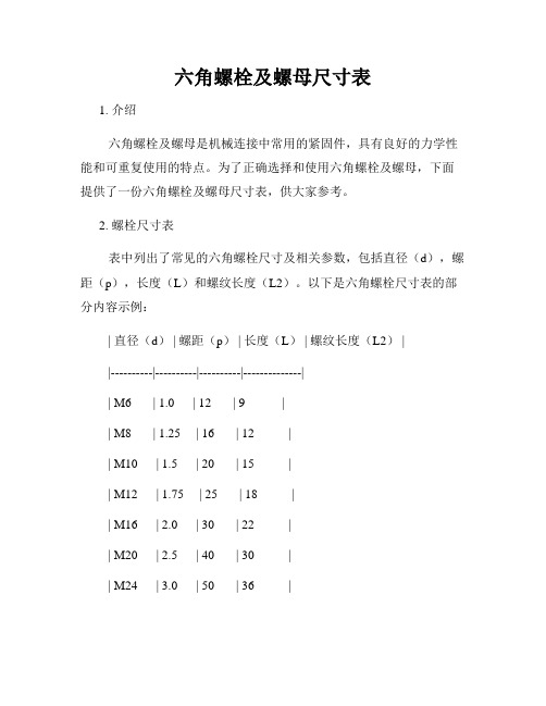 六角螺栓及螺母尺寸表